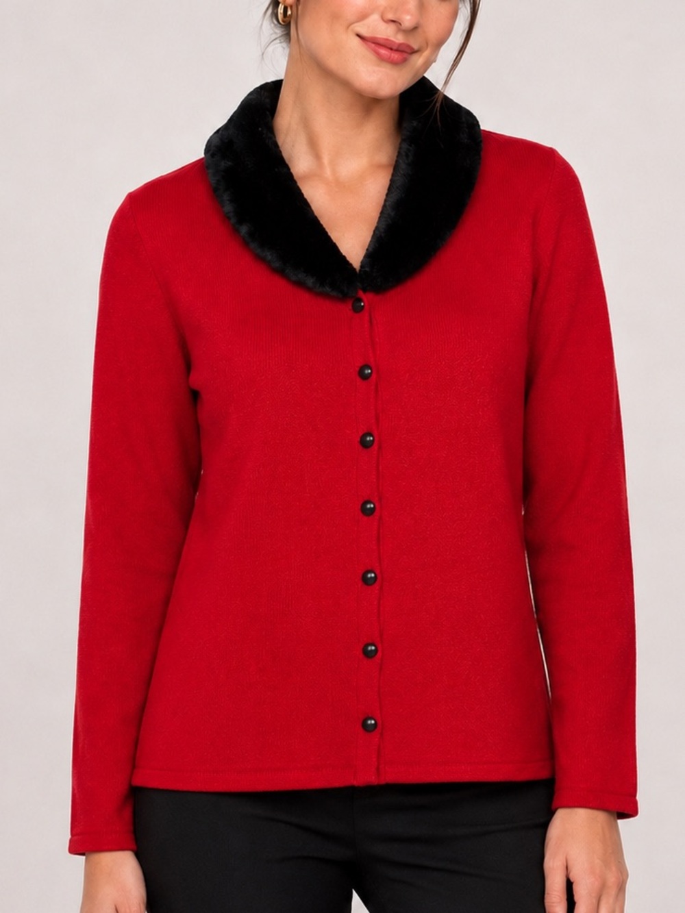 Red Cardigan with Black Faux Fur Collar